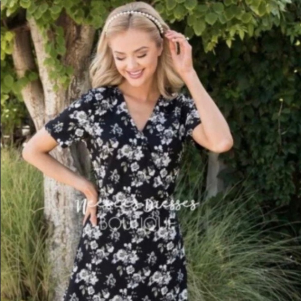 Floral Black and White Midi Dress